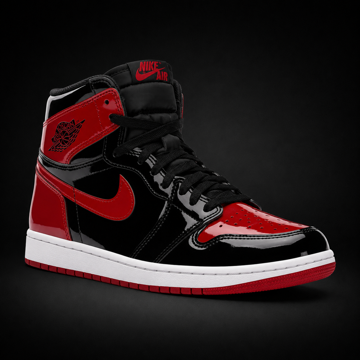 Air Jordan 1 High OG Patent Bred, vista frontal — Crazy!Duck Hype