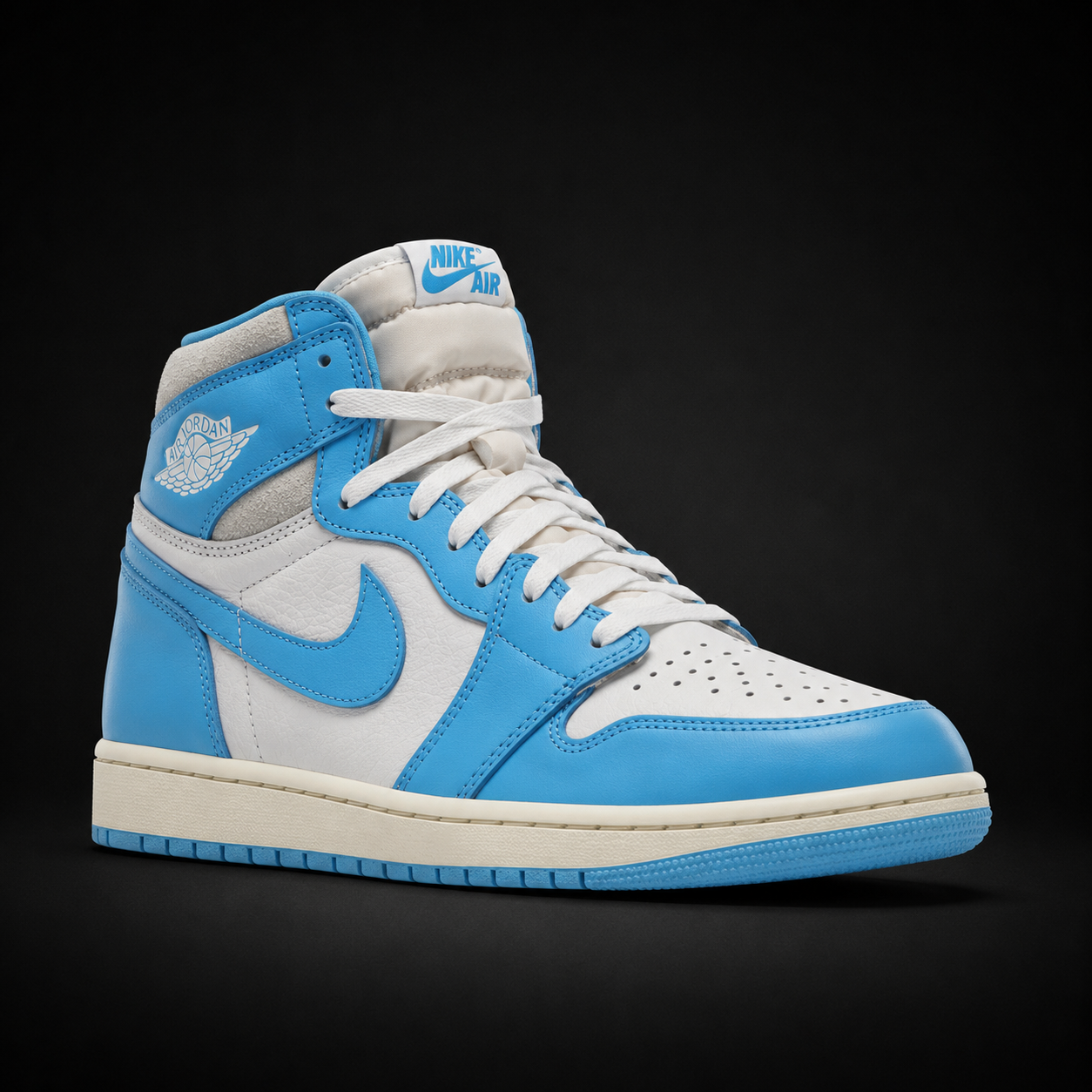 Air Jordan 1 High OG UNC Reimagined, vista frontal — Crazy!Duck Hype