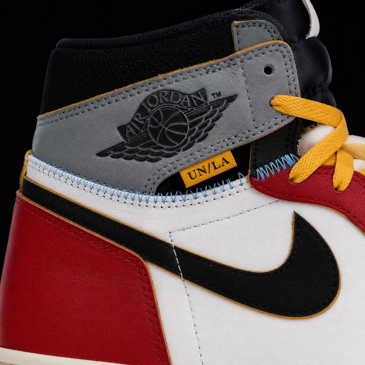 Air Jordan 1 High OG Union LA Chicago Shadow, detalle de logo y material — Crazy!Duck Hype