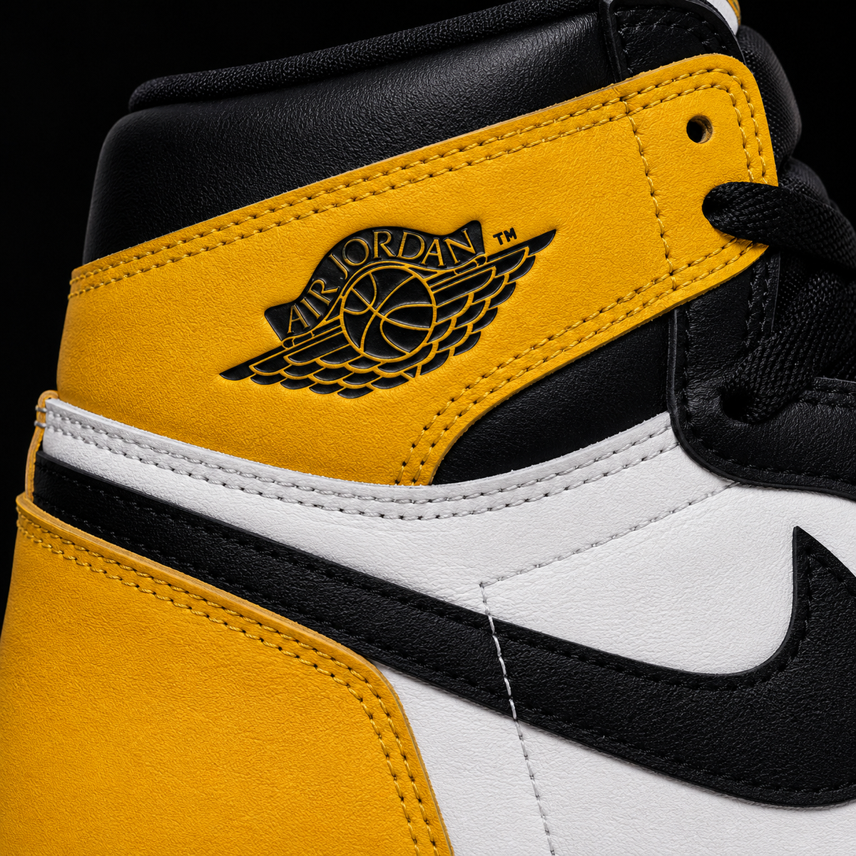 Air Jordan 1 High OG Yellow Toe, detalle de logo y material — Crazy!Duck Hype