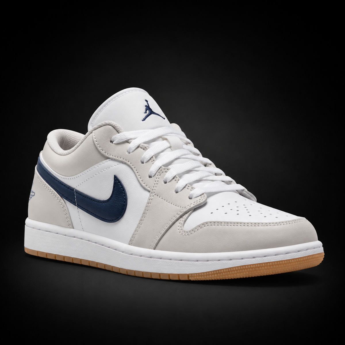 Air Jordan 1 Low White Neutral Grey Midnight Navy, vista frontal — Crazy!Duck Hype