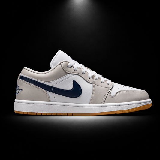 Air Jordan 1 Low White Neutral Grey Midnight Navy, vista lateral — Crazy!Duck Hype