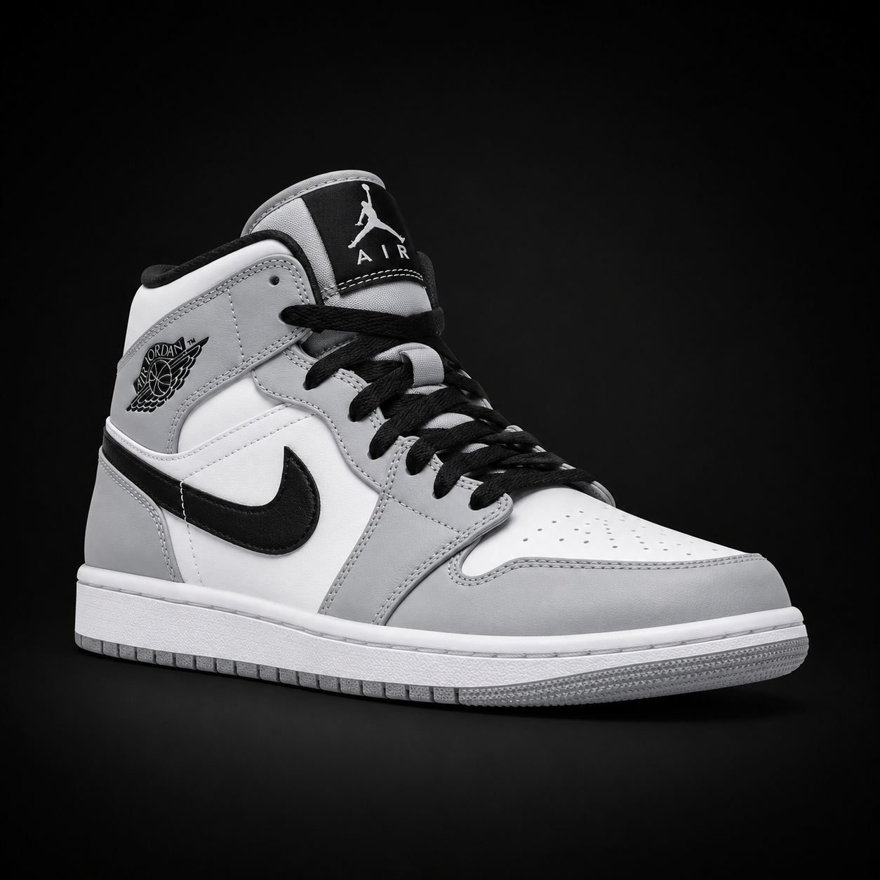 Air Jordan 1 Mid Light Smoke Grey, vista frontal — Crazy!Duck Hype