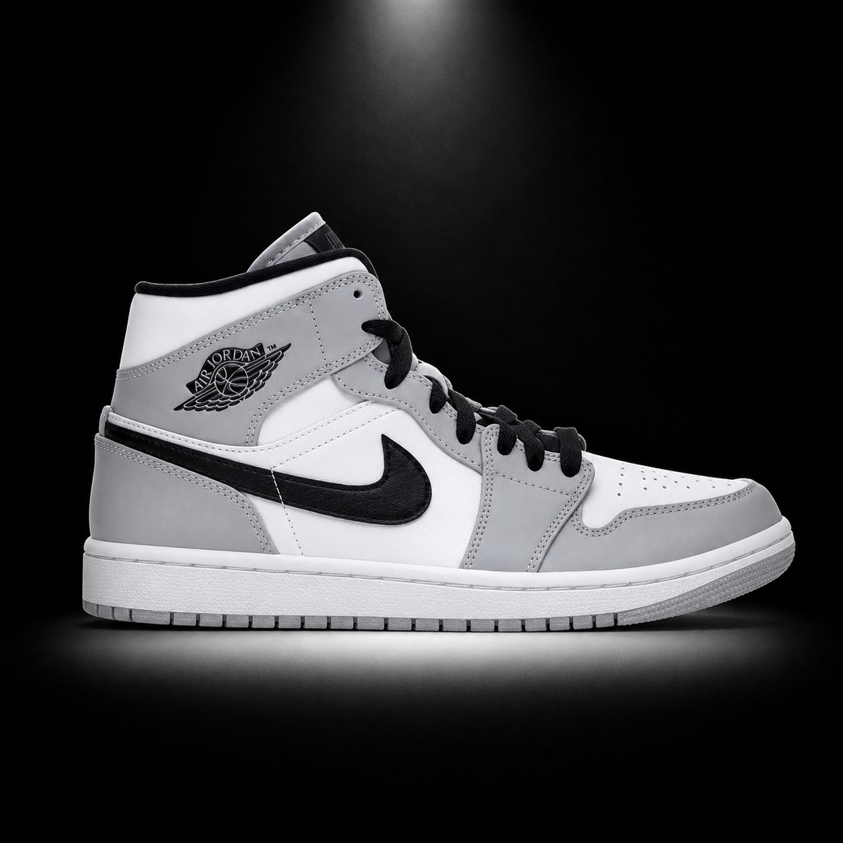 Air Jordan 1 Mid Light Smoke Grey, vista lateral — Crazy!Duck Hype
