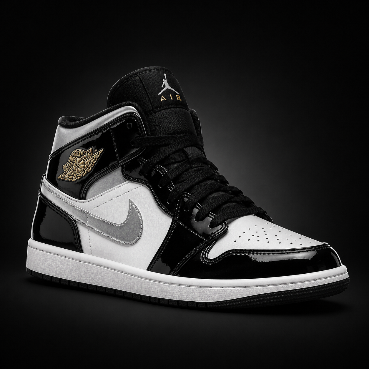 Air Jordan 1 Mid SE Black White Metallic Silver, vista frontal — Crazy!Duck Hype