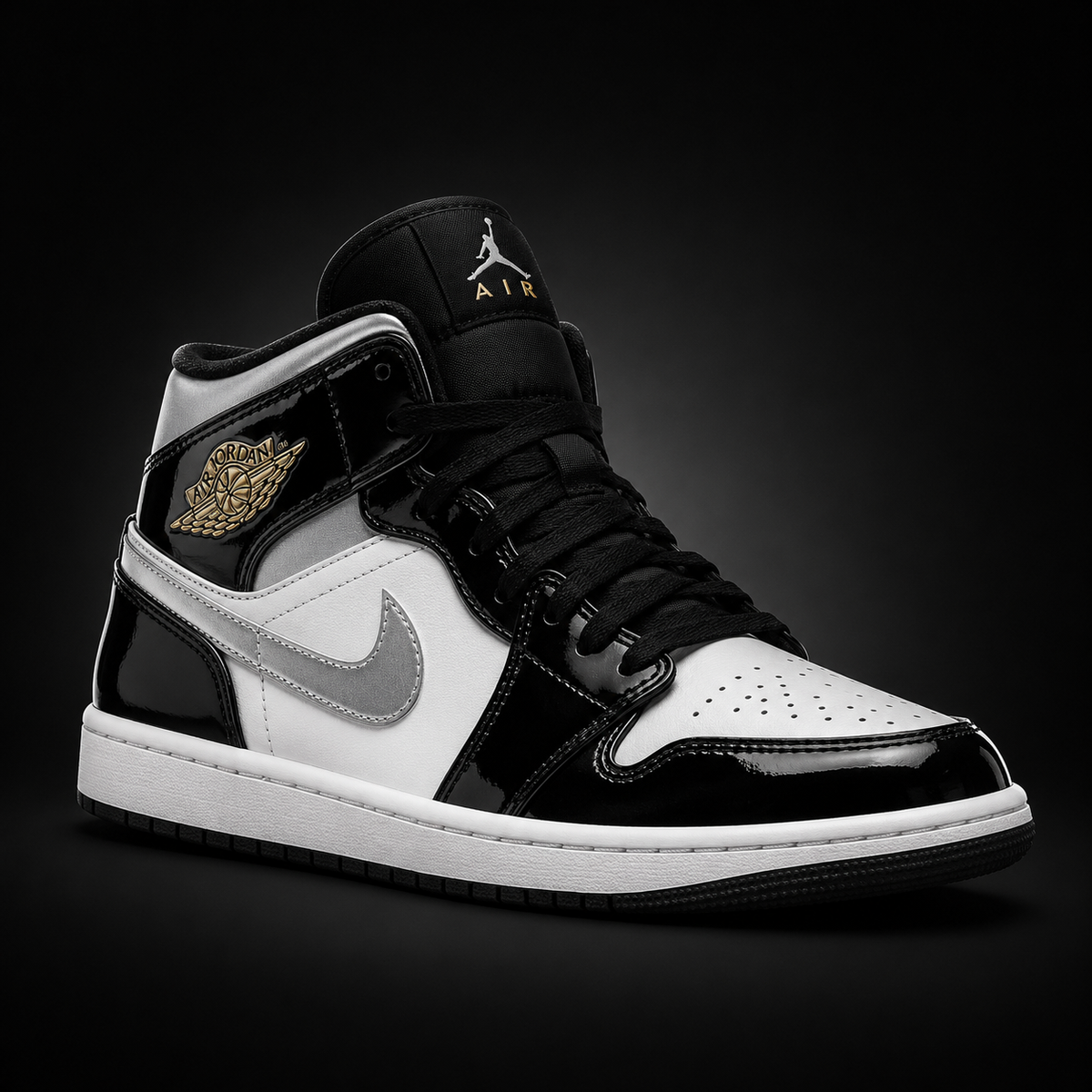 Air Jordan 1 Mid SE Black White Metallic Silver, vista frontal — Crazy!Duck Hype