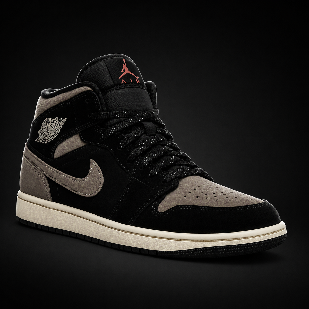 Air Jordan 1 Mid SE Olive Grey, vista frontal — Crazy!Duck Hype