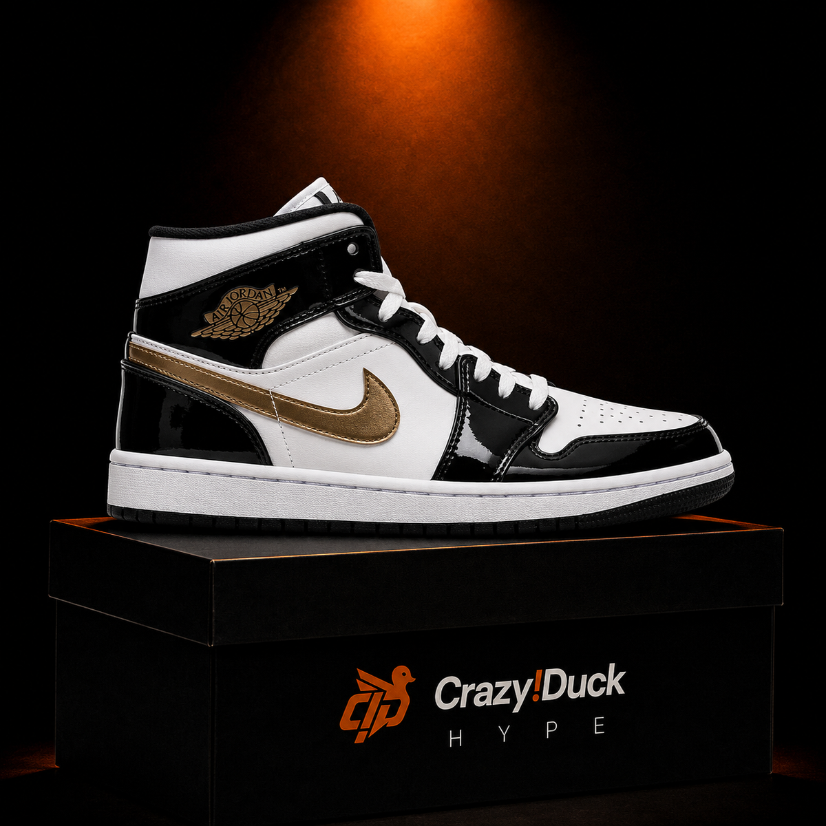 Air Jordan 1 Mid SE Patent Gold con empaque — Crazy!Duck Hype