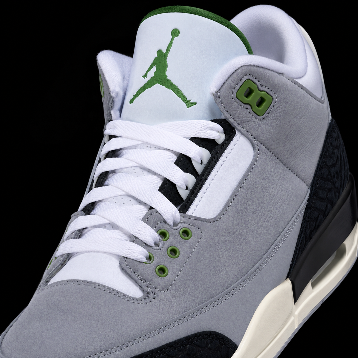 Air Jordan 3 Retro Chlorophyll, detalle de agujetas — Crazy!Duck Hype