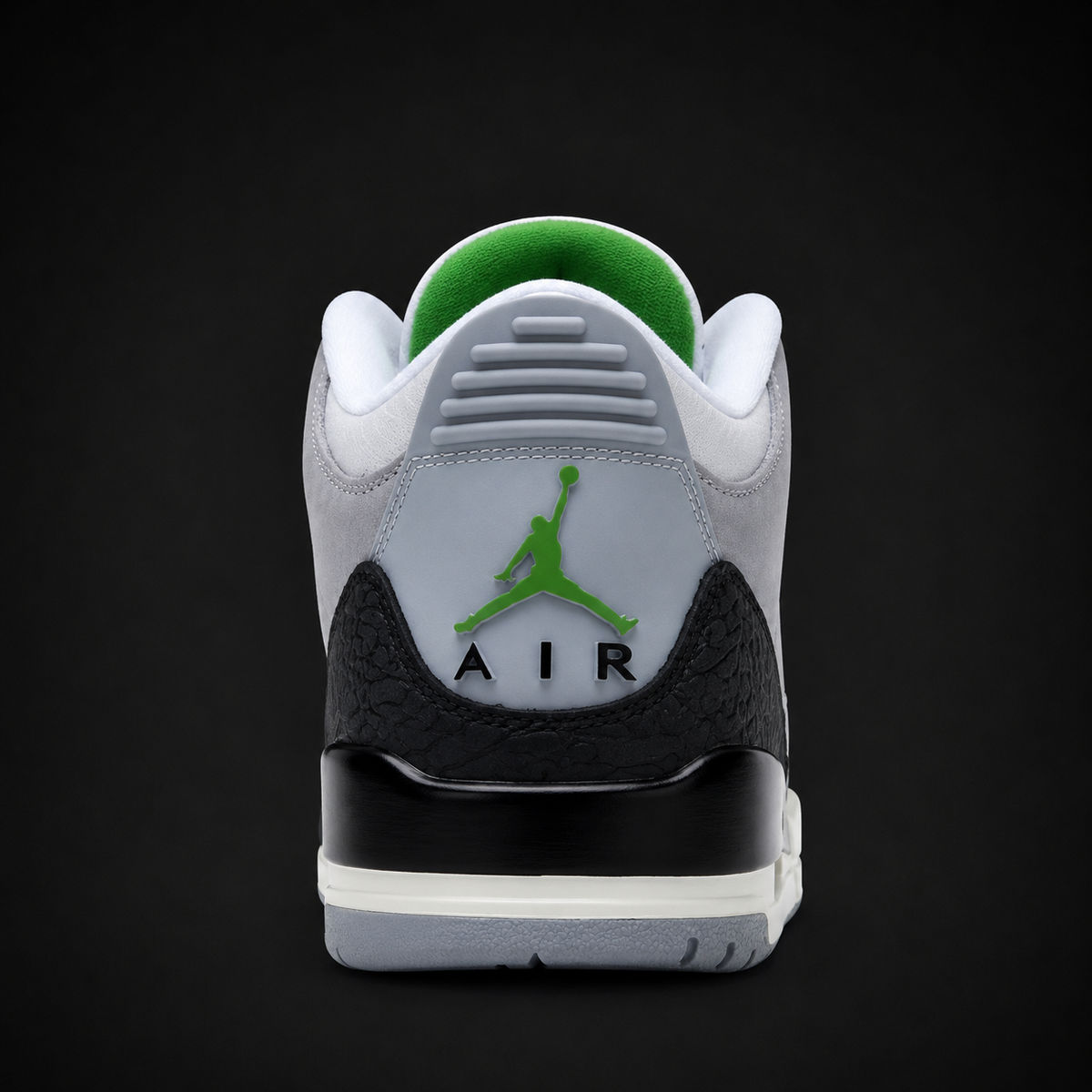 Air Jordan 3 Retro Chlorophyll, detalle de logo y material — Crazy!Duck Hype