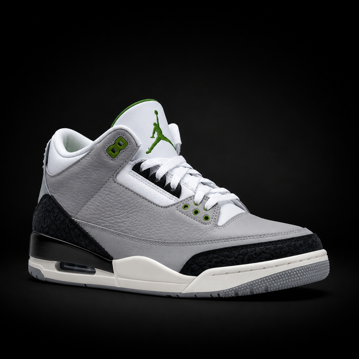Air Jordan 3 Retro Chlorophyll, vista frontal — Crazy!Duck Hype