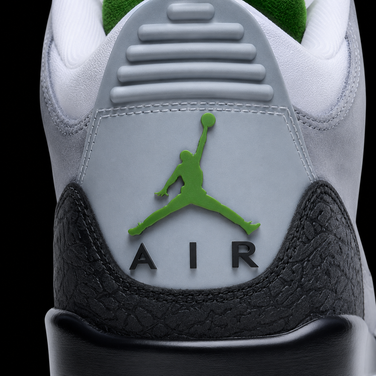 Air Jordan 3 Retro Chlorophyll, vista trasera — Crazy!Duck Hype