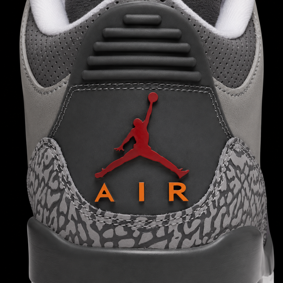 Air Jordan 3 Retro Cool Grey, detalle de logo y material — Crazy!Duck Hype