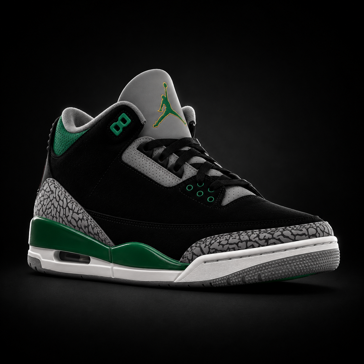 Air Jordan 3 Retro Pine Green, vista frontal — Crazy!Duck Hype