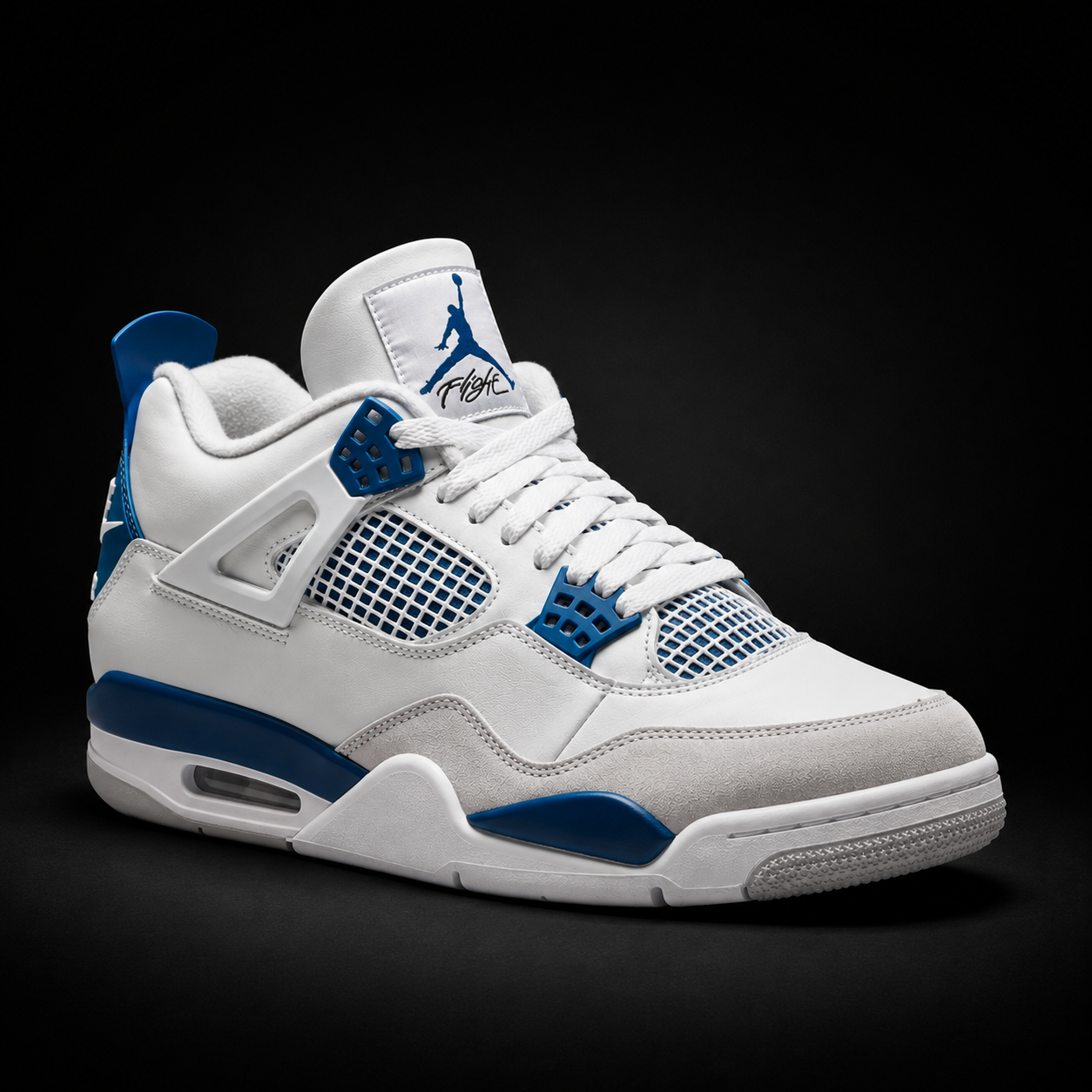 Air Jordan 4 Retro Military Blue, vista frontal — Crazy!Duck Hype