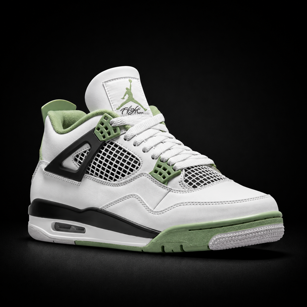 Air Jordan 4 Retro Seafoam Oil Green, vista frontal — Crazy!Duck Hype