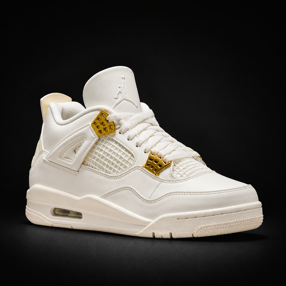 Air Jordan 4 Retro White & Gold, vista frontal — Crazy!Duck Hype