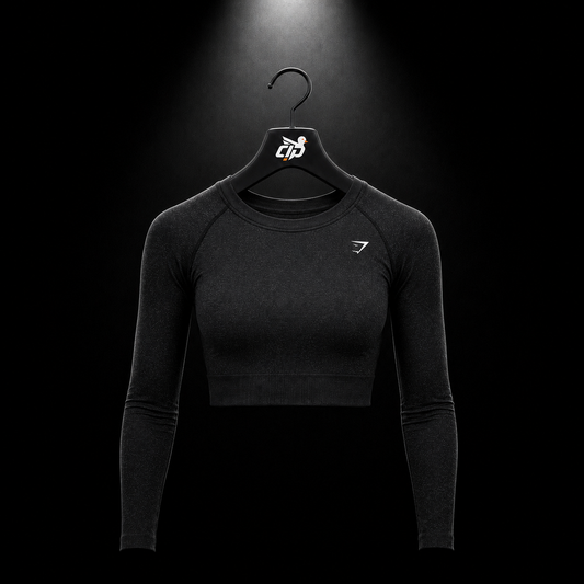 Gymshark Adapt Fleck Seamless Long Sleeve Crop Top Mineral Black, vista frontal — Crazy!Duck Hype
