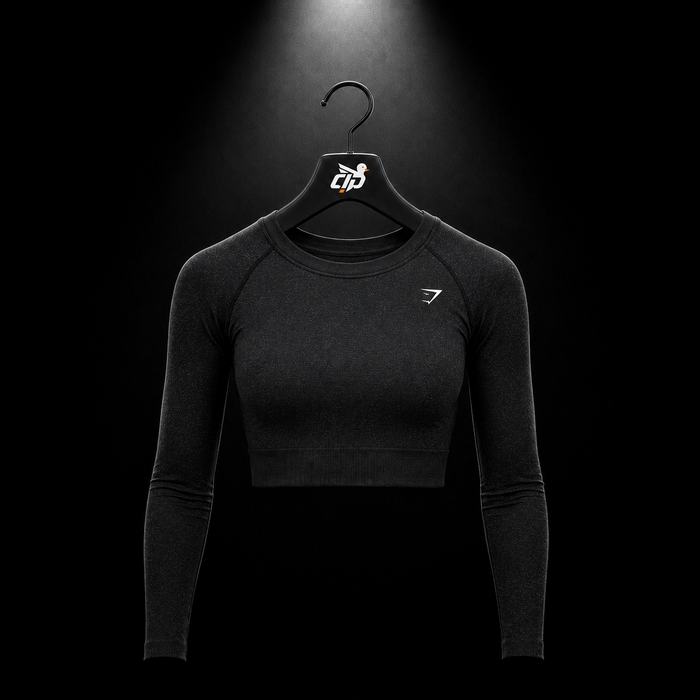 Gymshark Adapt Fleck Seamless Long Sleeve Crop Top Mineral Black, vista frontal — Crazy!Duck Hype