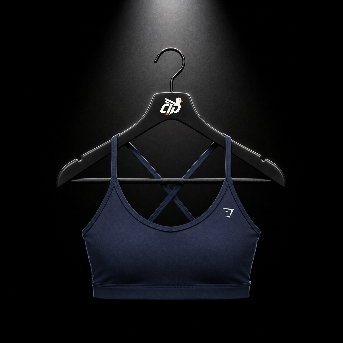Gymshark Back Gains Sports Bra Heavy Blue, vista frontal — Crazy!Duck Hype