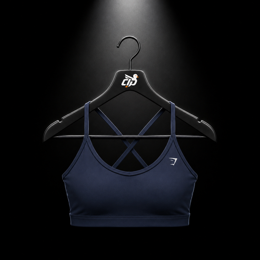 Gymshark Back Gains Sports Bra Heavy Blue, vista frontal — Crazy!Duck Hype