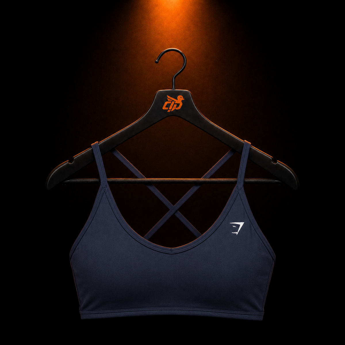 Gymshark Back Gains Sports Bra Heavy Blue con presentación de producto — Crazy!Duck Hype