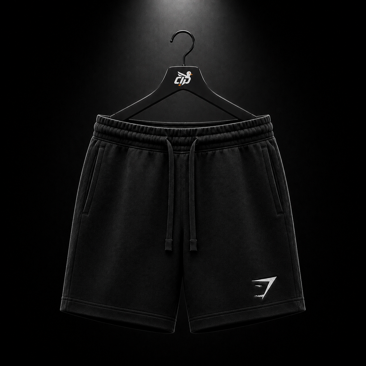 Gymshark Crest 7" Shorts Black, vista frontal — Crazy!Duck Hype