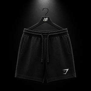 Gymshark Crest 7" Shorts Black, vista frontal — Crazy!Duck Hype
