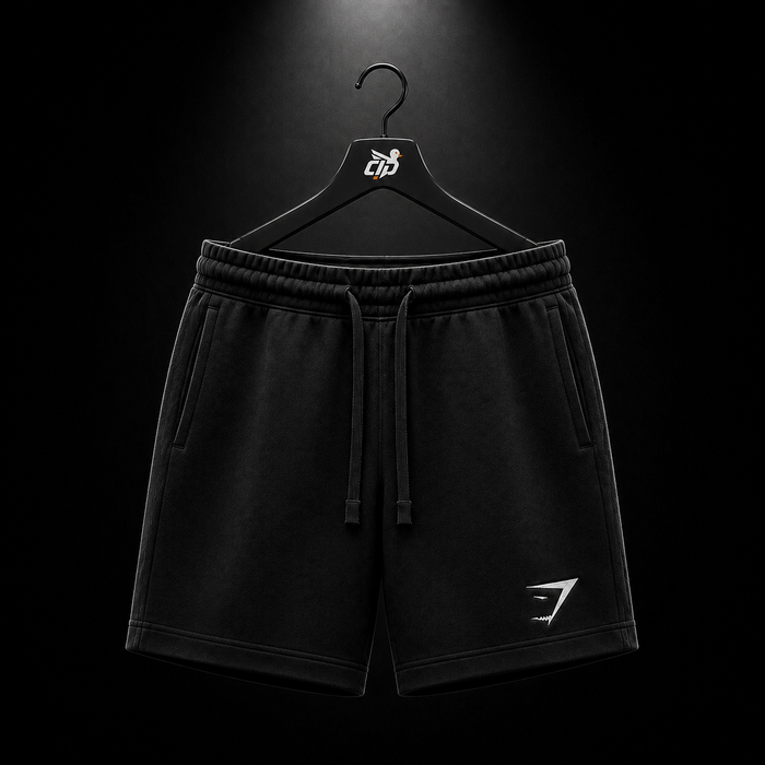 Gymshark Crest 7" Shorts Black, vista frontal — Crazy!Duck Hype