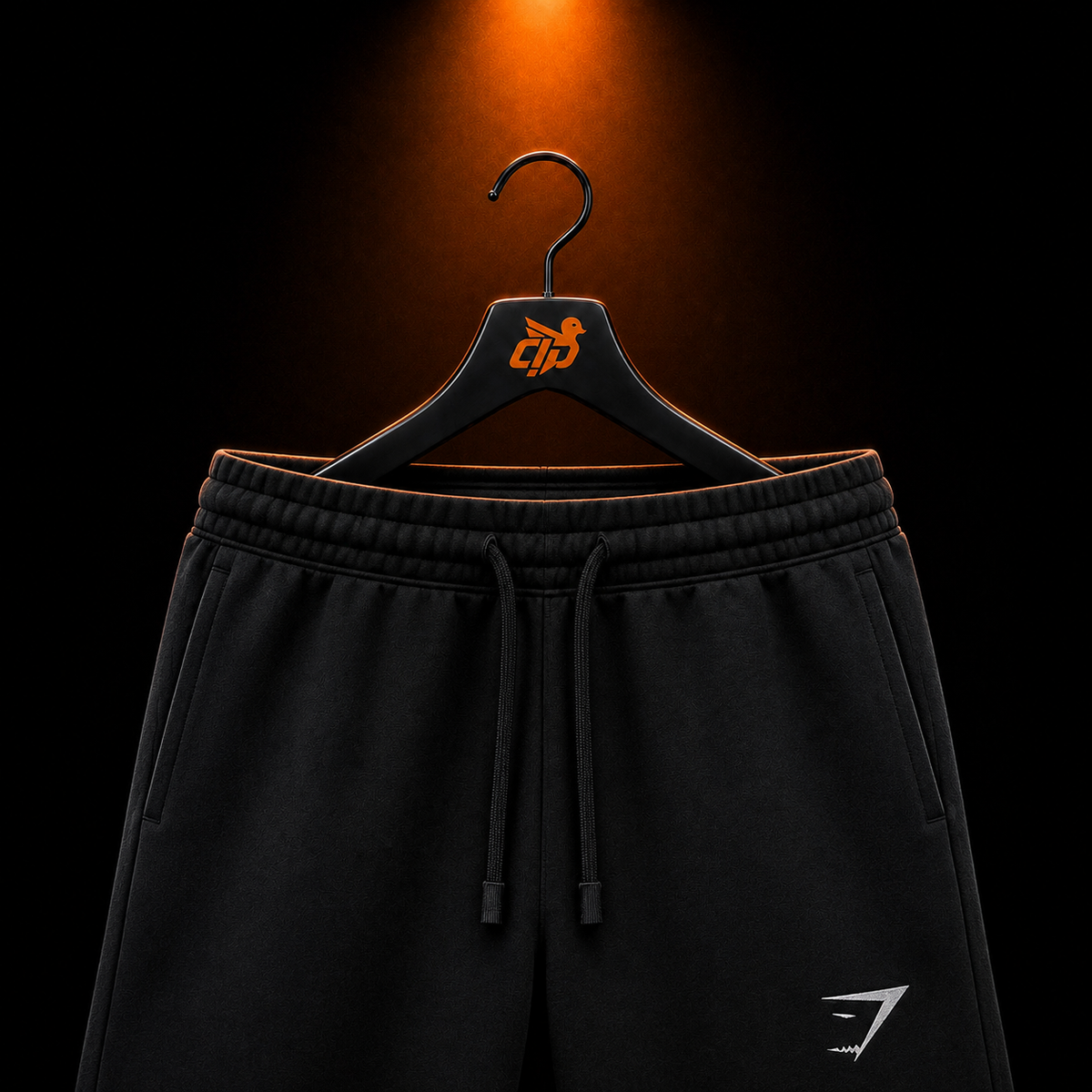 Gymshark Crest 7" Shorts Black con presentación de producto — Crazy!Duck Hype