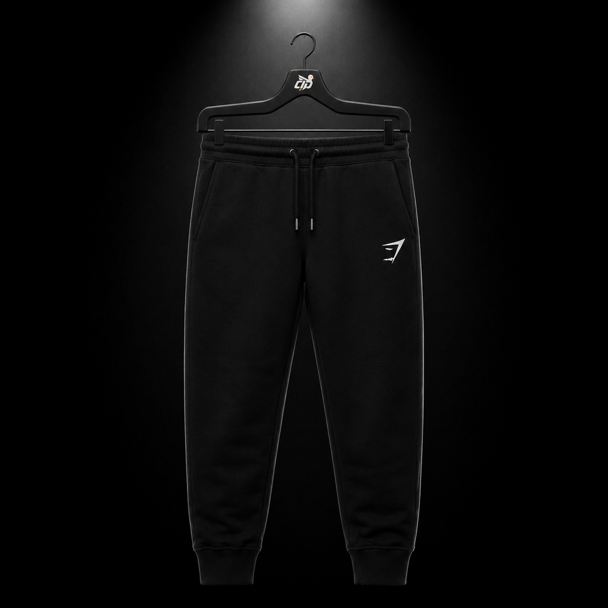 Gymshark Crest Joggers Black, vista frontal — Crazy!Duck Hype