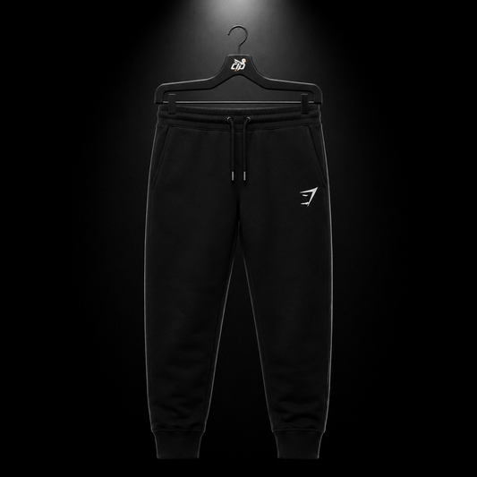 Gymshark Crest Joggers Black, vista frontal — Crazy!Duck Hype