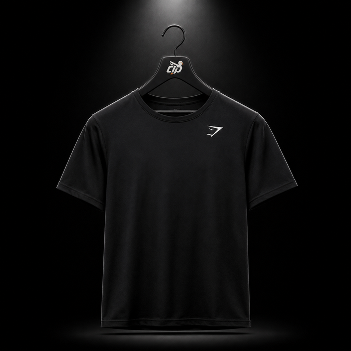 Gymshark Crest T-Shirt Black, vista frontal — Crazy!Duck Hype