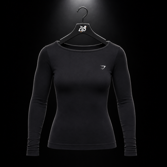Gymshark Everyday Seamless Wide Neck Long Sleeve Top Black, vista frontal — Crazy!Duck Hype