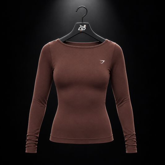 Gymshark Everyday Seamless Wide Neck Long Sleeve Top Espresso Brown, vista frontal — Crazy!Duck Hype