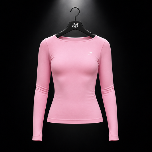 Gymshark Everyday Seamless Wide Neck Long Sleeve Top Poise Pink, vista frontal — Crazy!Duck Hype
