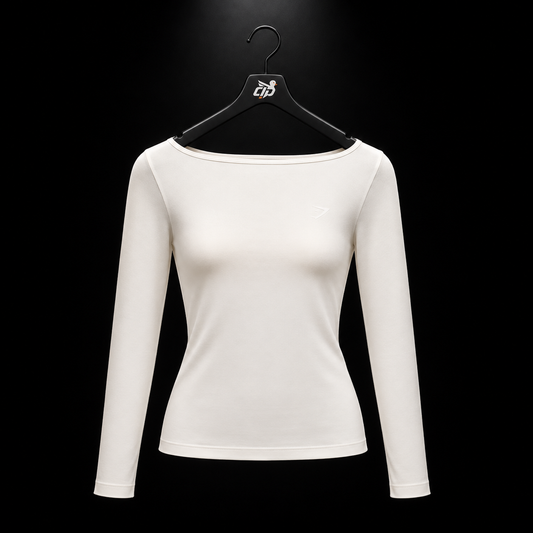 Gymshark Everyday Seamless Wide Neck Long Sleeve Top Soft White, vista frontal — Crazy!Duck Hype