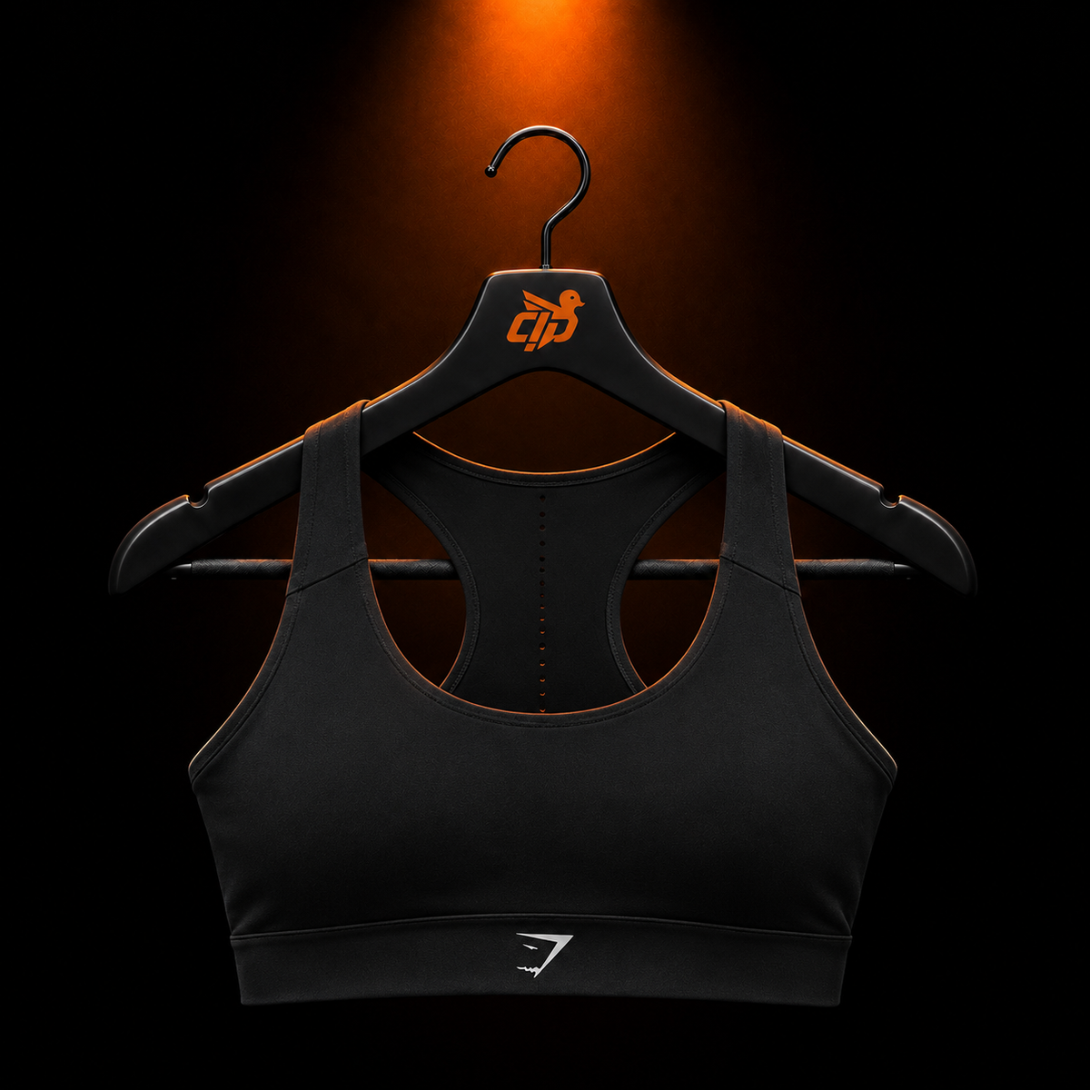 Gymshark Medium Support Running Sports Bra GS Black con presentación de producto — Crazy!Duck Hype