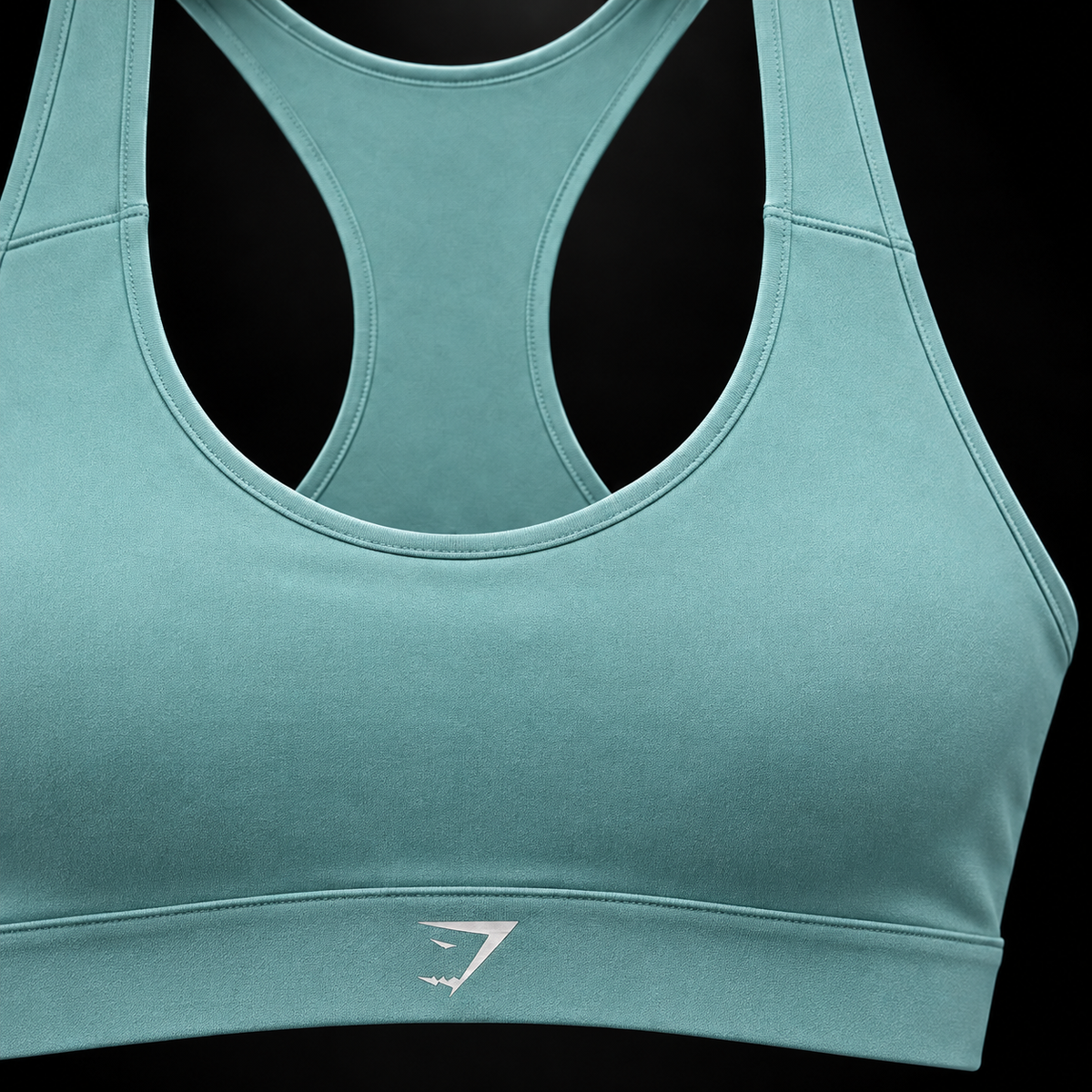 Gymshark Medium Support Running Sports Bra Storm Blue, detalle de logo y material — Crazy!Duck Hype