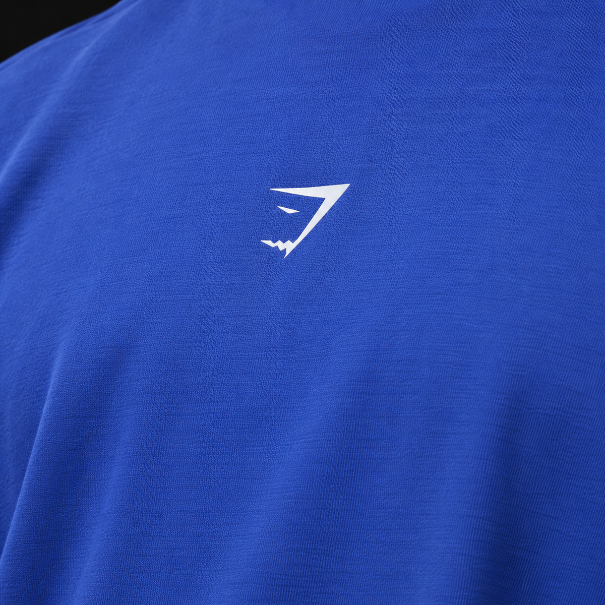 Gymshark Power T-Shirt Chilled Blue, detalle de logo y material — Crazy!Duck Hype
