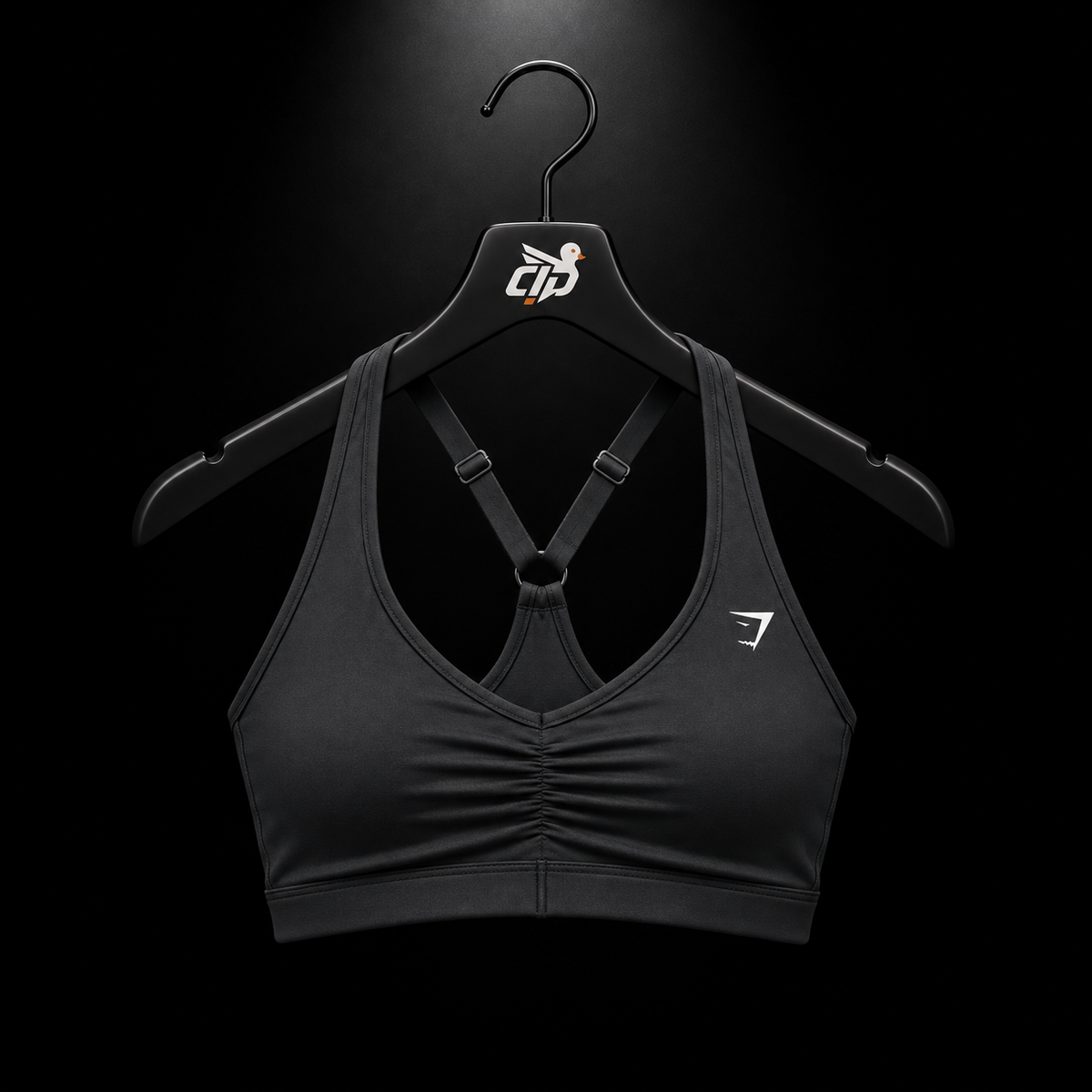 Gymshark Ruched Sports Bra Black, vista frontal — Crazy!Duck Hype