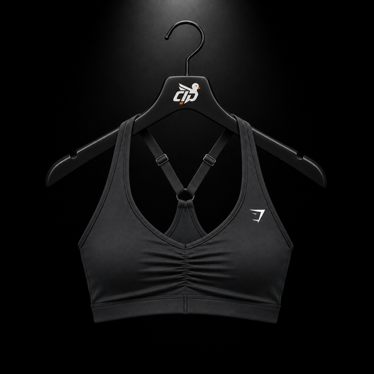 Gymshark Ruched Sports Bra Black, vista frontal — Crazy!Duck Hype