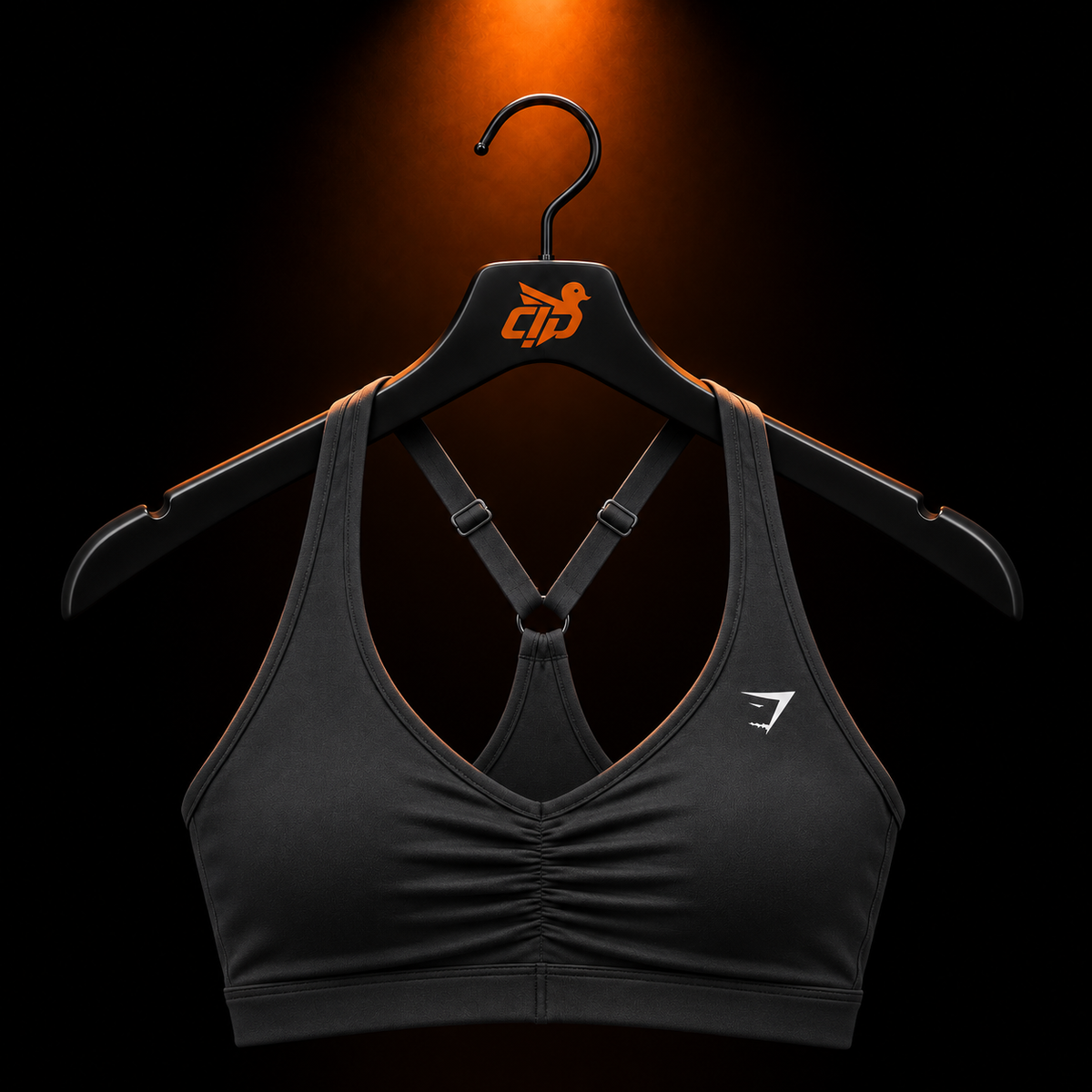 Gymshark Ruched Sports Bra Black con presentación de producto — Crazy!Duck Hype