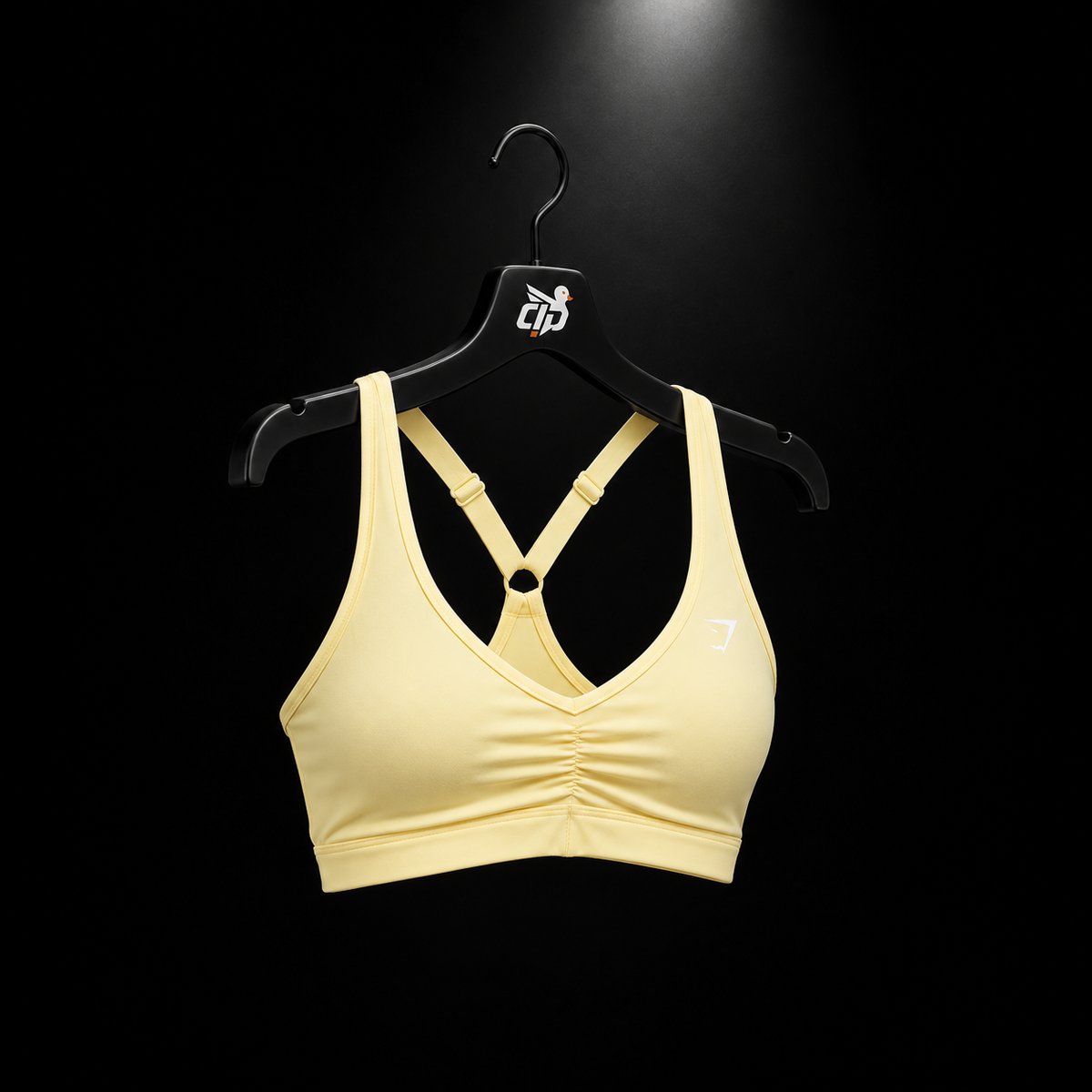 Gymshark Ruched Sports Bra Butter Yellow, vista completa — Crazy!Duck Hype