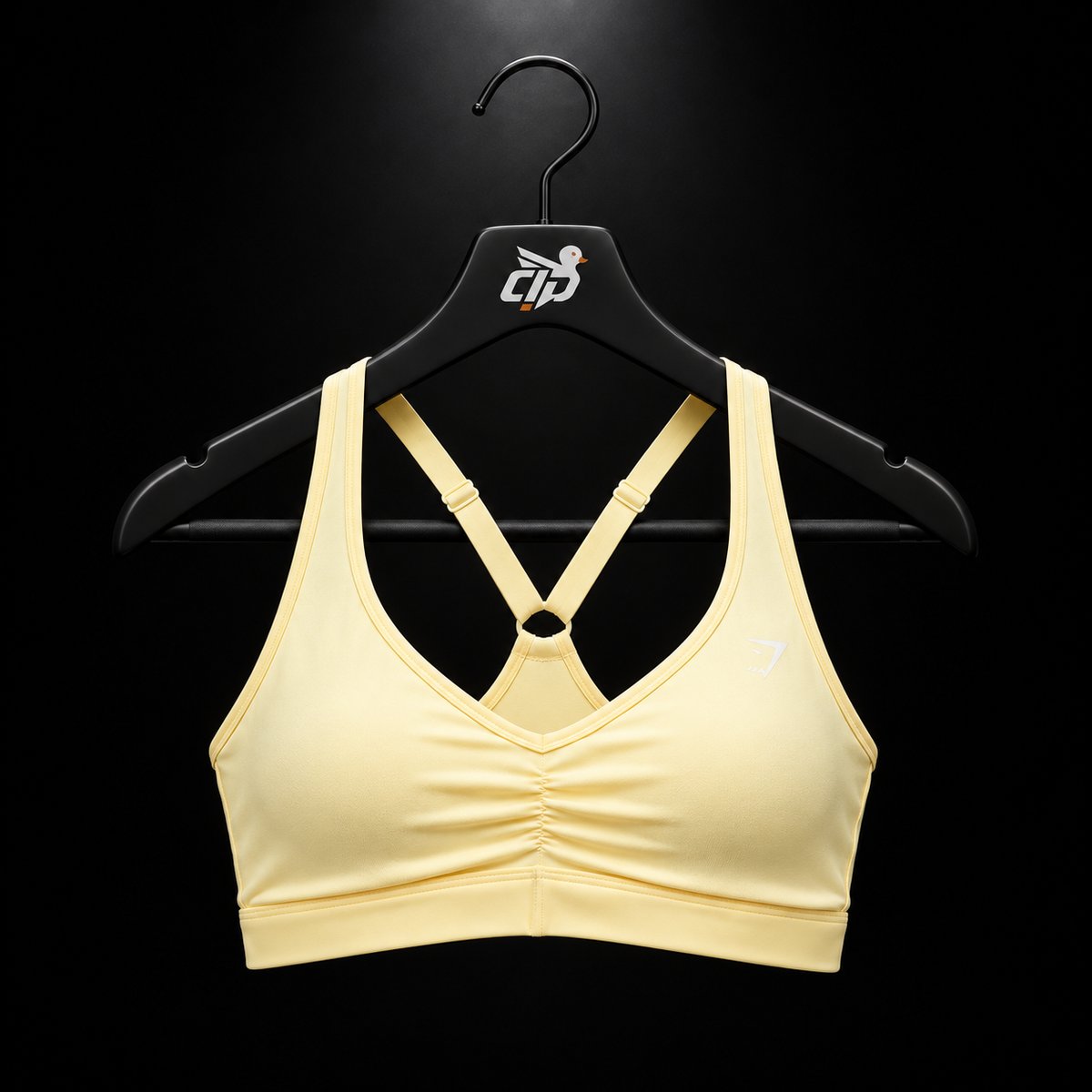 Gymshark Ruched Sports Bra Butter Yellow, vista frontal — Crazy!Duck Hype