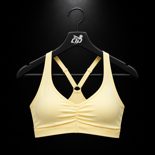 Gymshark Ruched Sports Bra Butter Yellow, vista frontal — Crazy!Duck Hype