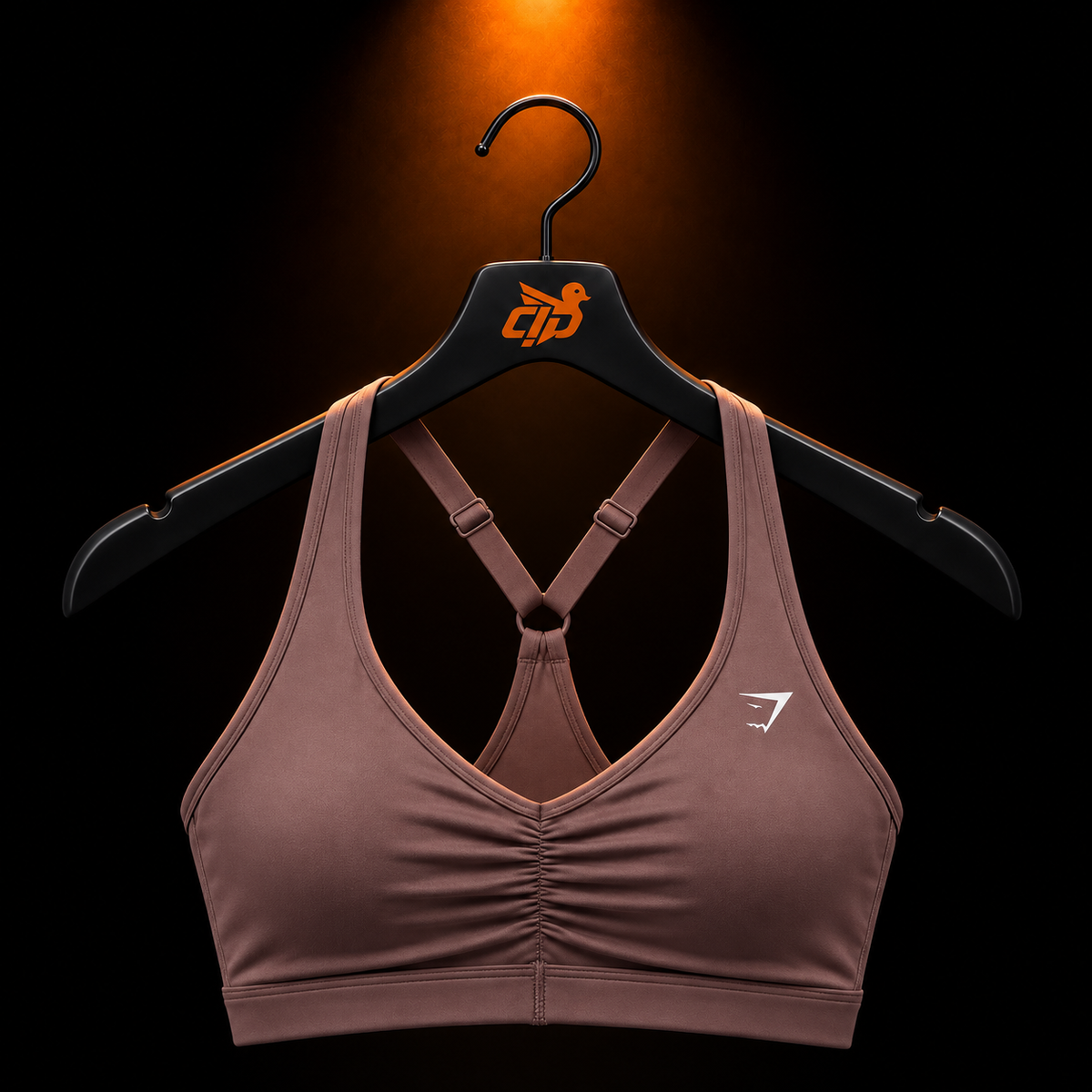 Gymshark Ruched Sports Bra Espresso Brown con presentación de producto — Crazy!Duck Hype