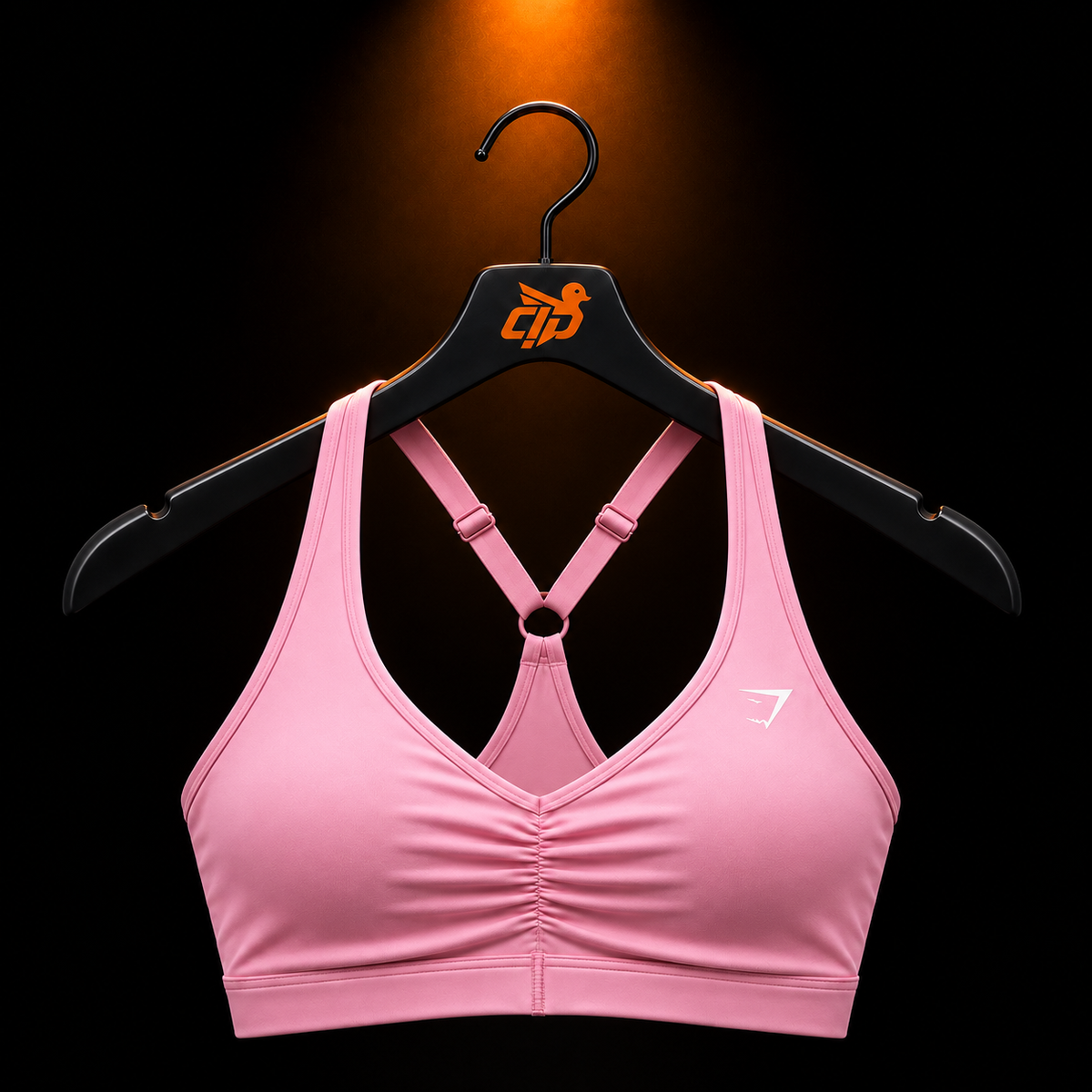 Gymshark Ruched Sports Bra Poise Pink con presentación de producto — Crazy!Duck Hype