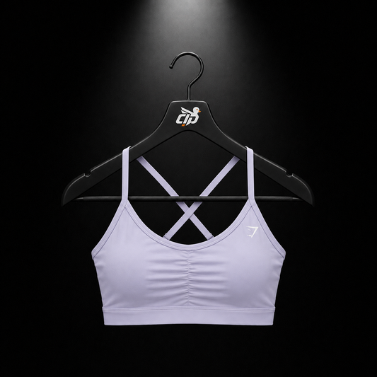 Gymshark Ruched Sports Bra Warm Lilac, vista frontal — Crazy!Duck Hype