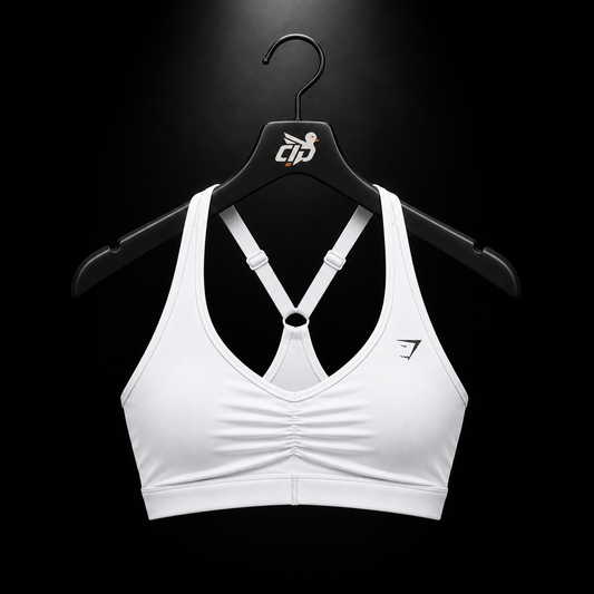 Gymshark Ruched Sports Bra White, vista frontal — Crazy!Duck Hype